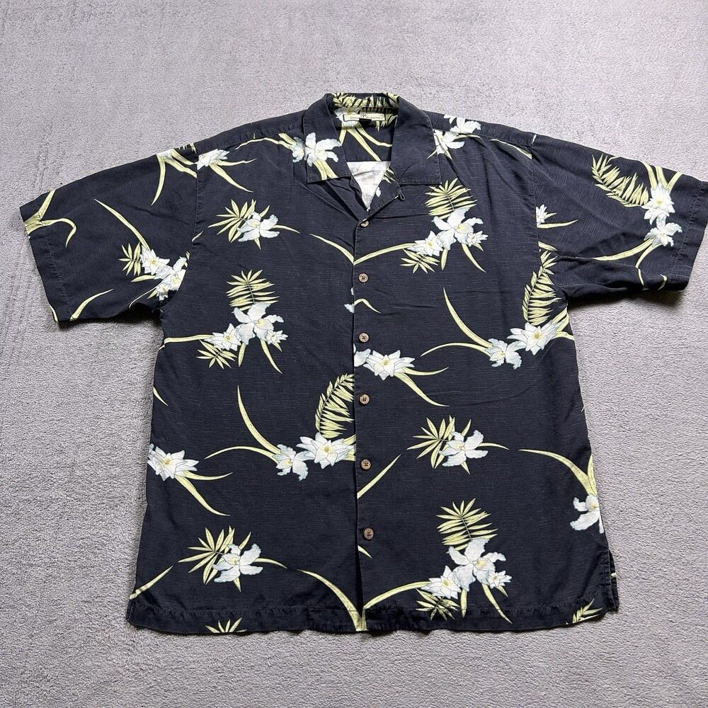 Tommy Bahama Hawaiian Shirt Men's‎ L 100% Silk Black Floral Tropical Camp